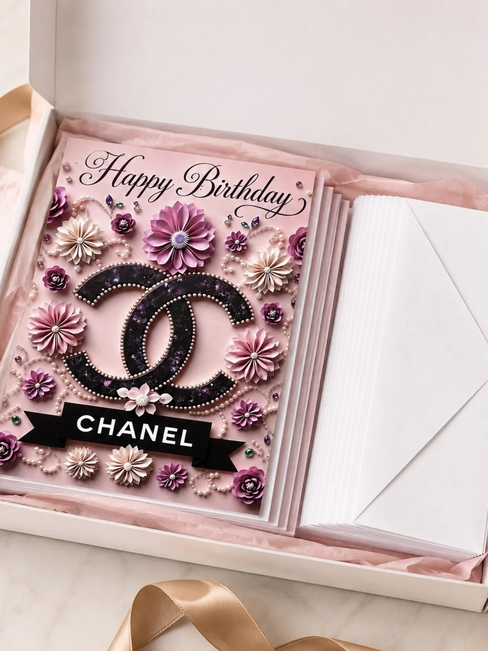 Luxury Pink Chanel Birthday Card Set of 6 with Envelopes